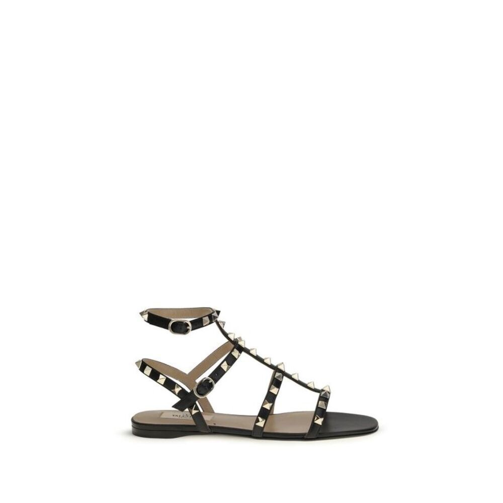 Valentino Garavani Black Calf Leather Bos Taurus Flat Women's Sandals